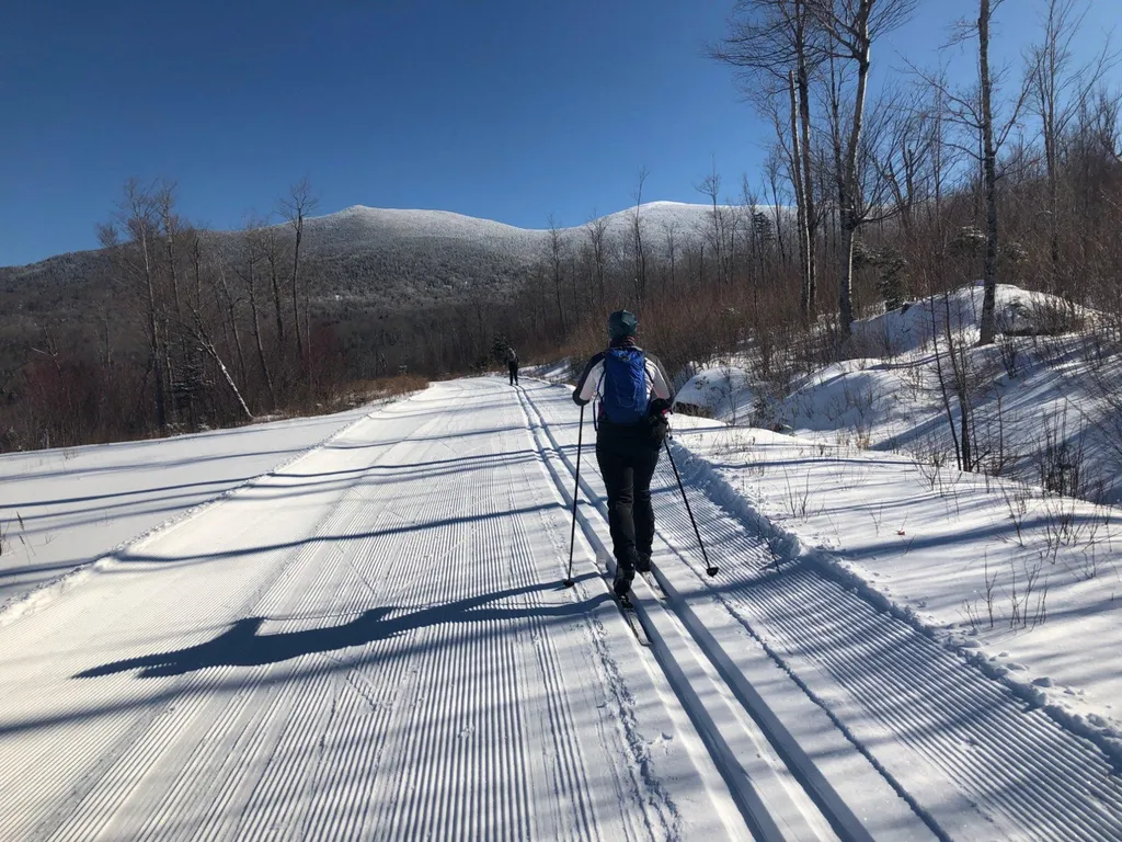 A person cross-country skiing on a snowy path with mountains in the background.